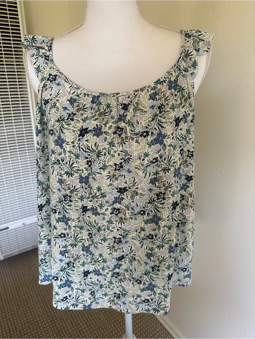 Market & Spruce Cream Floral Scoop Neck Tank with Green and Blue Accents